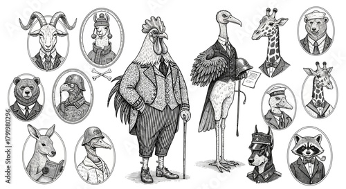 A unique and whimsical collection of anthropomorphic animals dressed in vintage human clothing, presented as portraits