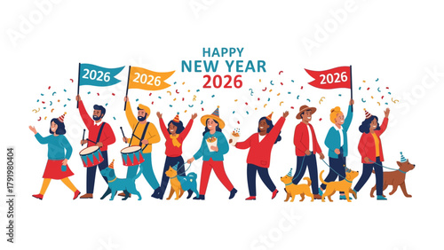 New Year's Celebration 2026: A vibrant crowd of people joyously welcoming the New Year 2026 with confetti, flags, and an optimistic atmosphere.