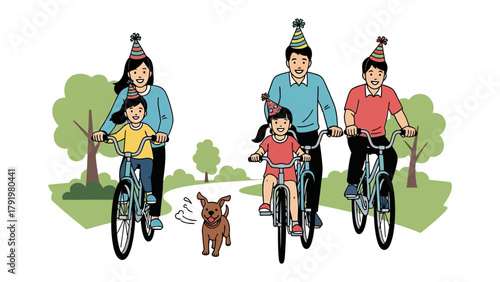 Family Bike Ride in the Park: A joyful family embarks on a shared adventure, enjoying a leisurely bike ride through a park, filled with laughter and companionship, creating cherished memories.