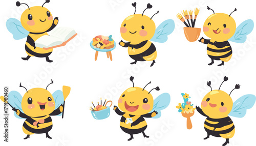 A funny set of cartoon bee animals vector icon illustration collection with cute faces