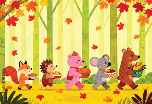 Thanksgiving parade of woodland animals illustration, cute fox bear rabbit carrying food and leaves through autumn forest, joyful vector flat fall design