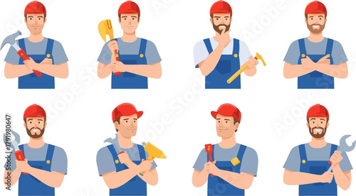Diverse construction workers showcasing various tools, each wearing a red hat and blue overalls, ideal for illustrating building and repair themes.