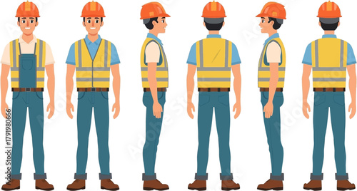 Illustration of a construction worker in various poses, showcasing front, side, and back views, perfect for design and architectural projects.