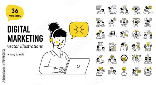 Digital marketing vector illustrations of people working and concepts related to business growth and online strategy