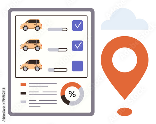 Multiple cars with checkboxes on a chart, progress bars, pie chart, and large pin marker. Ideal for car rental, fleet management, logistics, analytics, transportation evaluation simple flat