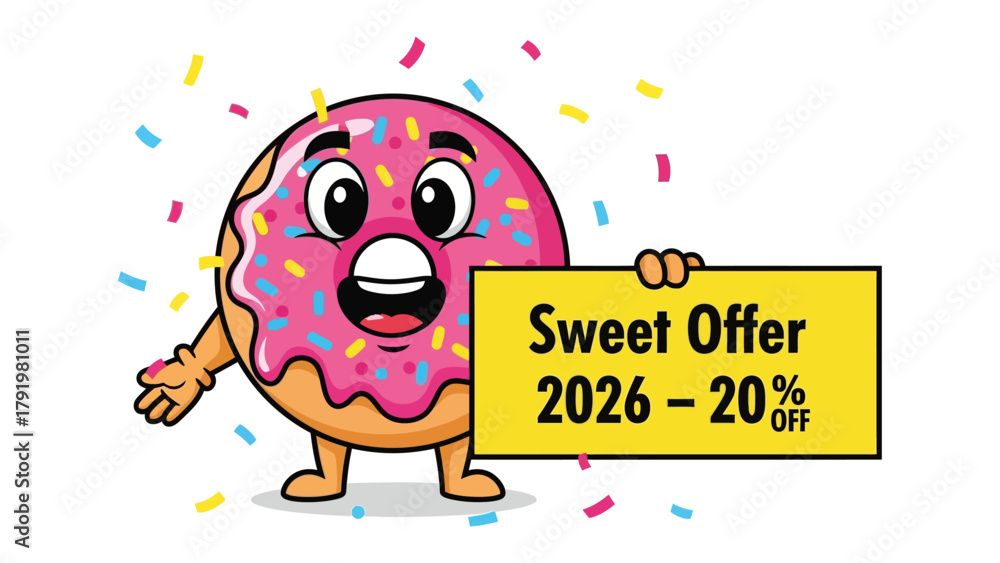 Obraz premium Sweet Offer: A whimsical illustration showcases a charming donut character joyfully holding a sign advertising a special discount offer, surrounded by colorful confetti. 