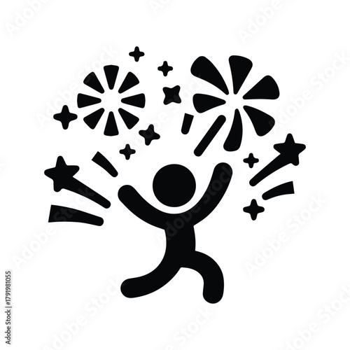 Man celebrating icon, fireworks, isolated stickman silhouette vector