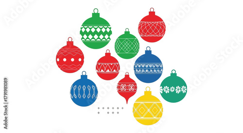 Collection of festive christmas ornaments with geometric patterns in red green blue and yellow colors