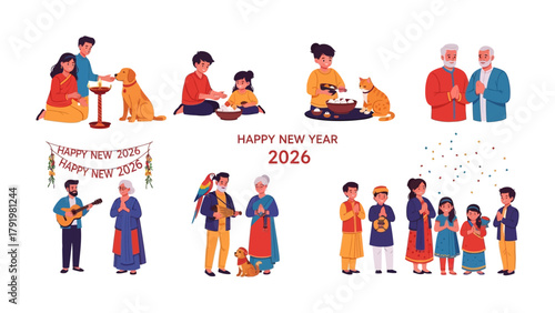 Celebration of 2026: The image shows diverse groups of individuals, young and old, men and women, children and adults, celebrating the start of the year 2026 in different ways.