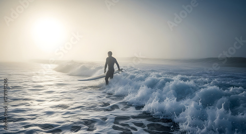 Fototapeta Naklejka Na Ścianę i Meble -  silhouette of a man walking on the beach, a surfer with his card board walking towards sea waves, the sign of courage a surfer moving towards sea, sea waves and surfer, surfer in sea on waves