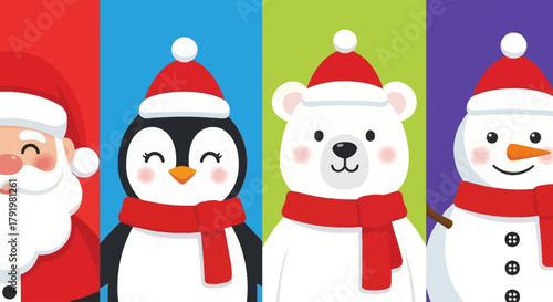 Festive cartoon illustration with Santa Claus, penguin, polar bear, and snowman characters. Ideal for winter holiday designs and cheerful seasonal greetings