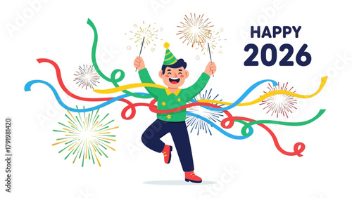 Joyful New Year Celebration: A person celebrates the start of the year 2026 with a radiant smile, firework displays, and colorful streamers, embodying the spirit of festivity and excitement.