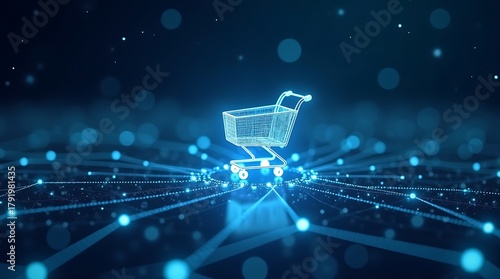 Wallpaper Mural Glowing holographic shopping cart seamlessly integrated into a complex ethereal network of light and data streams. Digital marketing concept Torontodigital.ca