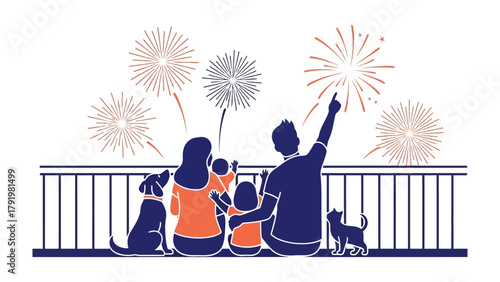 Family's Festive Fireworks Spectacle: A family, united and enthralled, gazes upward at a dazzling display of fireworks, complemented by the presence of their loyal pets