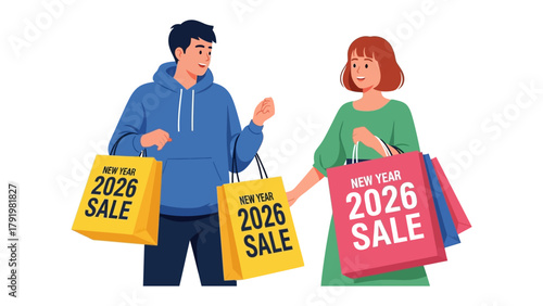 New Year Shopping Spree: A cheerful couple, bags laden with purchases, are engrossed in the delightful world of year-end sales, epitomizing the festive season's shopping fervor. 