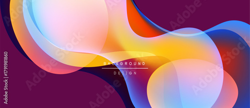 Abstract fluid shapes overlap, creating vibrant color gradients. Purple background complements bright orange, blue, pink hues. Modern design element.