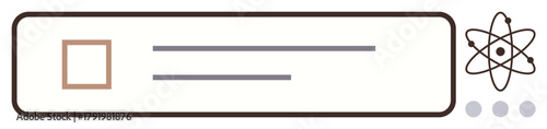 Horizontal layout featuring atomic structure, text lines, checkbox, and dots. Ideal for science, technology, research, education innovation organization communication. Flat simple metaphor