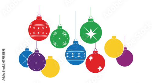 A festive collection of colorful hanging christmas ornaments with various patterns and designs on a white background