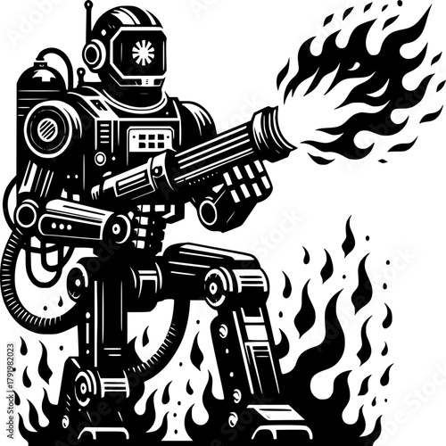 Mechanized Inferno: A detailed illustration of a robust robot, its mechanical limbs positioned amidst a blazing inferno, its weapon unleashing a torrent of flame. A display of technological intensity
