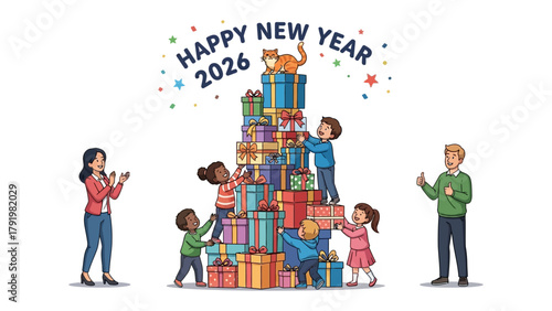 Joyful New Year Celebration: A group of children enthusiastically work together to build a towering structure of colorful presents, crowned by a cheerful cat, celebrating the arrival of the New Year.