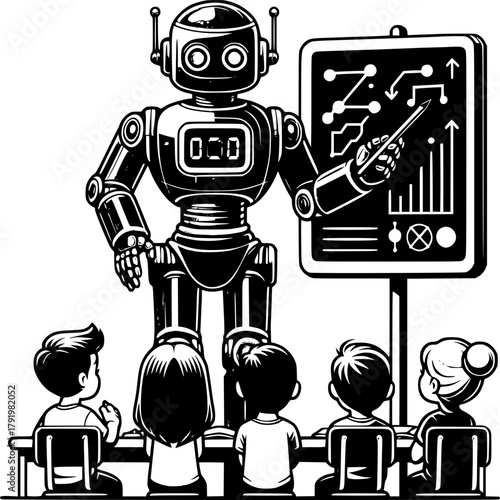 Robot Educator: A futuristic robot stands before a class of eager children, explaining intricate data analysis with a pointer, heralding an era of advanced learning.