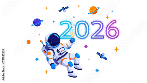 Astronaut Celebrating in Space 2026: An astronaut floats weightlessly, toasting to the future. With planets and satellites as their backdrop.