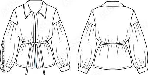 Women's blouse flat fashion CAD sketch, long puff sleeve top vector, tied waist shirt technical drawing template mockup design