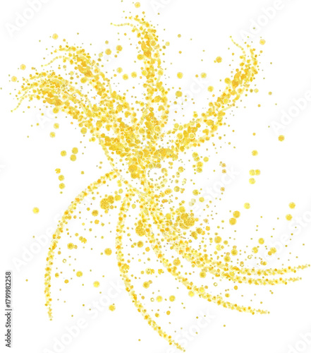 An abstract golden swirl of dots and lines gracefully dances against a pristine white background, creating a visually captivating and dynamic design element.