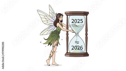 Enchanted Countdown: A whimsical scene unfolds as a mystical fairy delicately interacts with an hourglass, each grain of sand signifying the passage of time.