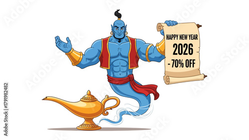 Genie's New Year Wish: A magical genie with a mystical oil lamp extends a scroll announcing Happy New Year 2026 -70% OFF, conjuring excitement for the coming year