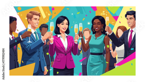 Celebration Toast: A diverse group in formal attire, raise glasses of champagne together for a festive toast, surrounded by colorful confetti, symbolizing joy and accomplishment.