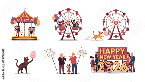 Carnival of Joy: A vibrant collage of festive scenes, featuring carousel rides, Ferris wheels, joyful pets and the vibrant spirit of a new year celebration. 