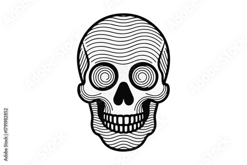 Visually arresting graphic illustration of a human skull, rendered with dynamic wavy contours and spiraling eye sockets, conveying a powerful conceptual design and abstract mortality theme