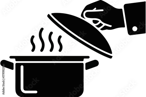 The culinary moment of unveiling a steaming pot, a hand gently lifting the lid to release aromatic vapor, representing delicious home cooking and kitchen activity