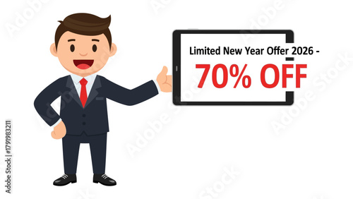 Special Offer Promotion: An illustrated businessman presents a promotional offer on a tablet with a thumbs-up gesture.