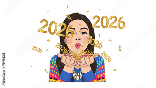 New Year's Wish: A woman sends off wishes for 2026 amid a cascade of golden confetti, celebrating the prospect of the coming year. 