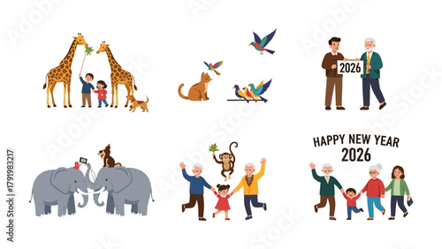 New Year's Illustration: A heartwarming illustration portraying the joyful celebration and unity of New Year 2026. This festive graphic captures various elements like family, animals.