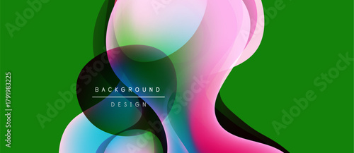 Abstract fluid shapes overlap, creating vibrant color blends. Green background emphasizes dynamic design elements. Modern, smooth gradients present visual interest.