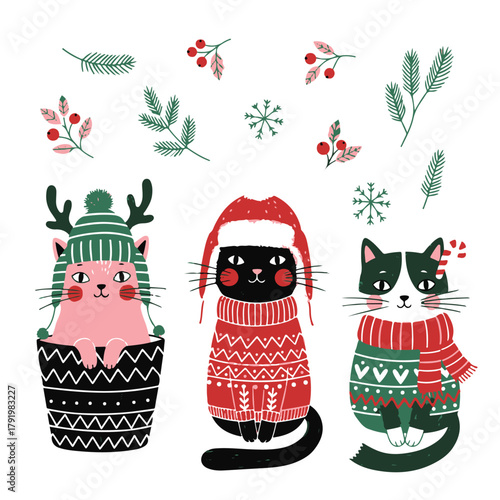 Cute Christmas Cats in Sweaters Illustration