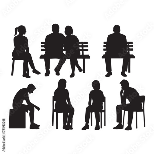 men and women and teenagers sitting on bench or chair vector