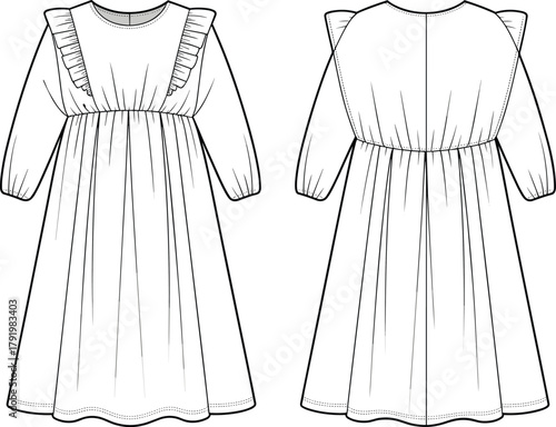 Cad drawing flat vector illustration, technical fashion sketch long sleeve dress front back view, ruffle trim gathered skirt design garment