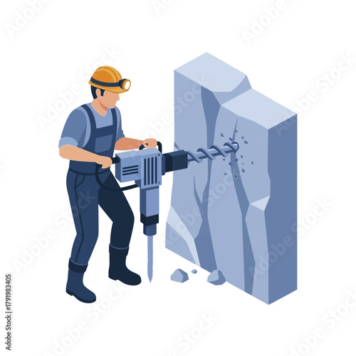 Industrial worker with a jackhammer drilling into a large rock.