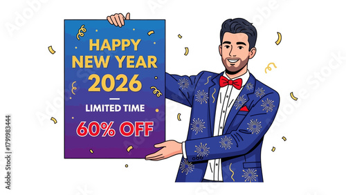 New Year Promotion: A smartly dressed individual proudly showcases a vibrant promotion poster, beckoning viewers with an irresistible New Year offer of 60% off for a limited time.