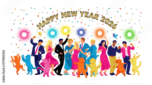 New Year Festivity: A vibrant scene erupts as the New Year 2026 is celebrated, where silhouettes of people and pets revel amidst a cascade of colorful confetti and joyous lights.