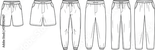 Casual shorts jogger pants straight leg trousers fashion sketch, technical garment design illustration, clothing template, cad drawing flat vector illustration