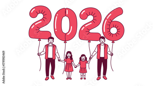 2026: A Family's Vision for the Future: A family is holding numbers 2026, representing their hopes for a bright future. This illustration embodies family, time, hope, and new beginnings.