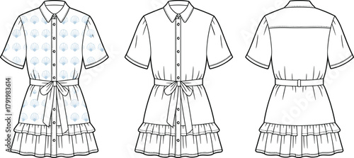 Fashion dress technical flat sketch, short sleeve button down dress with collar waist tie tiered ruffle hem, cad drawing flat vector illustration