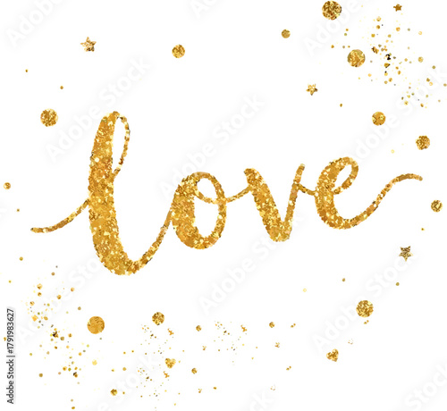 A shimmering golden "love" script, adorned with sparkling glitter and confetti, radiates warmth and affection against a pristine white backdrop, perfect for romantic designs.
