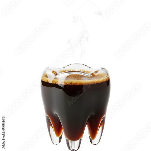 Black coffee with steam rising in a tooth shaped glass cup, dental Health concept effects of caffeine and staining on teeth enamel