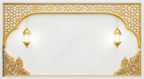 Islamic frame with gold ornaments and lanterns on white background
